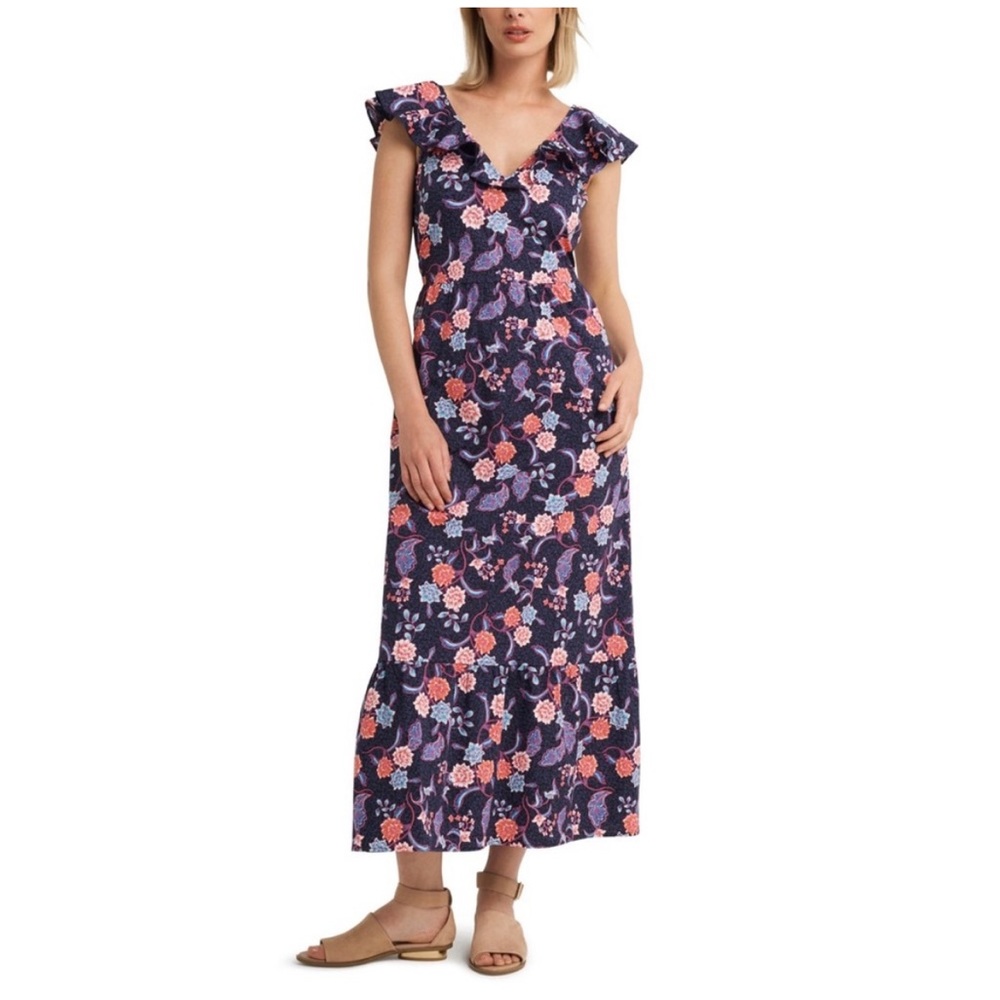 H by Halston Navy Floral Maxi Dress with Pink and Lavender Flowers